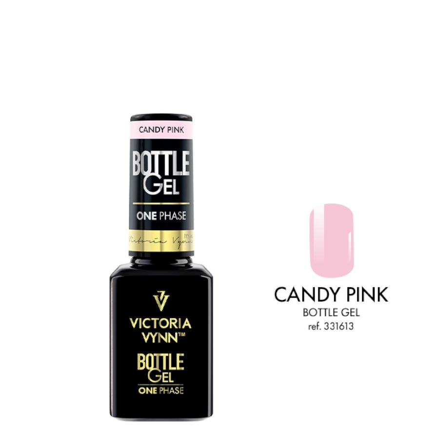 Victoria Vynn Bottle Gel One Phase Candy Pink - product and colour sample arranged on a white background