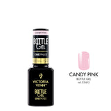 Victoria Vynn Bottle Gel One Phase Candy Pink - product and colour sample arranged on a white background