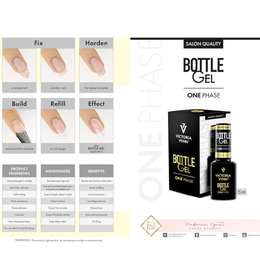 Victoria Vynn Bottle Gel One Phase Clear - product and colour sample arranged on a white background