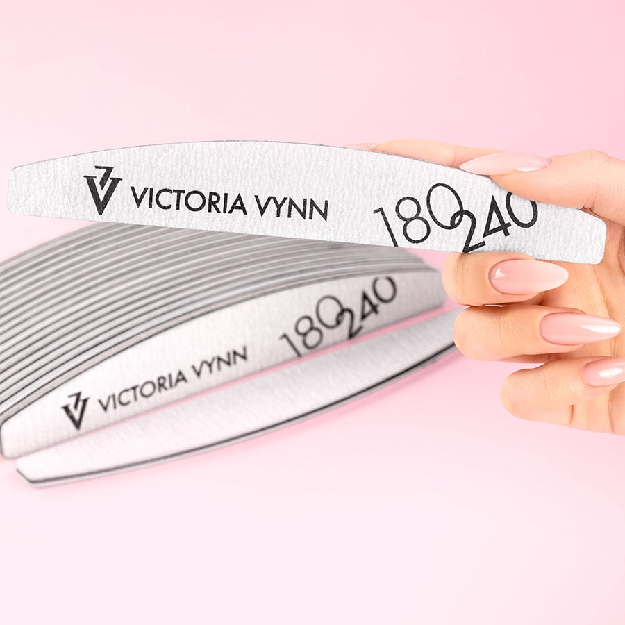 Victoria Vynn Crescent Grey Nail Files 180/240 10pcs - shown held in the hand