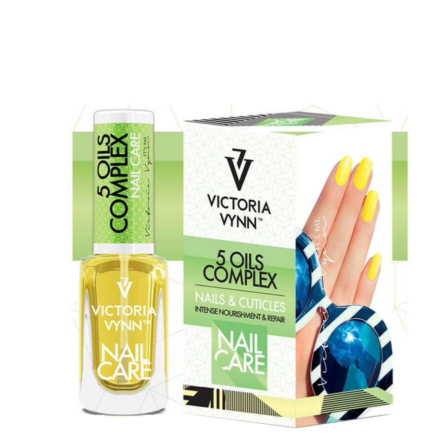 Victoria Vynn Cuticle Nail Oil Salon 5 Oils Complex - arranged with the included components on a white background
