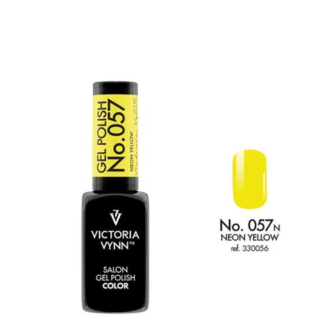 Victoria Vynn Gel Polish Color 057 Neon Yellow - product and colour sample arranged on a white background