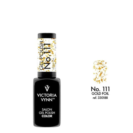 Victoria Vynn Gel Polish Color 111 Gold Foil - product and colour sample arranged on a white background