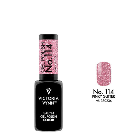 Victoria Vynn Gel Polish Color 114 Pinky Glitter - product and colour sample arranged on a white background