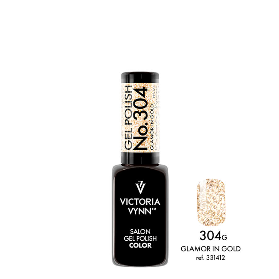 Victoria Vynn Gel Polish Color 304 Glamor in Gold - product and colour sample arranged on a white background