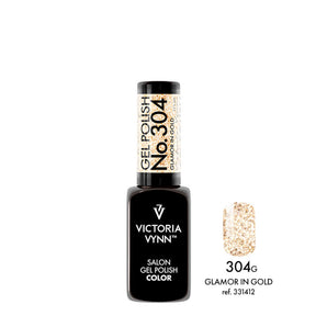 Victoria Vynn Gel Polish Color 304 Glamor in Gold - product and colour sample arranged on a white background