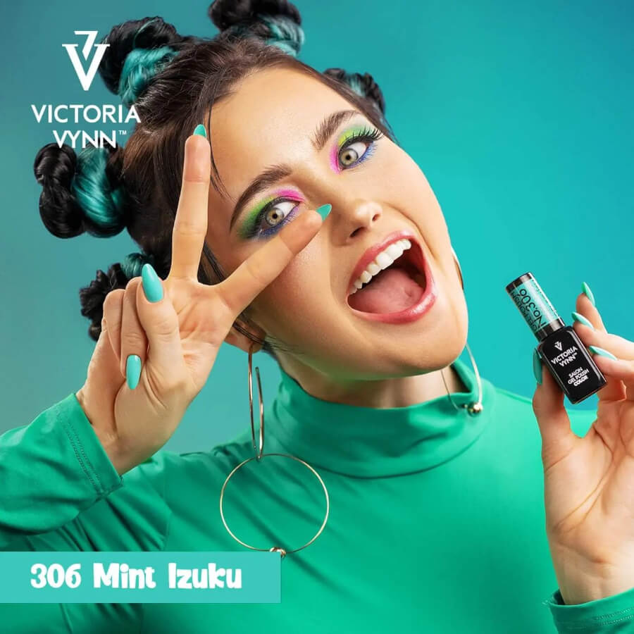 Victoria Vynn Gel Polish Color 306 Mint Izuku - product colour and packaging on a dark background