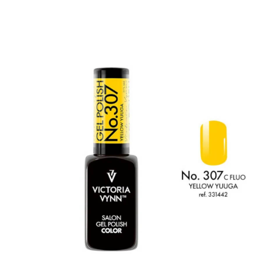 Victoria Vynn Gel Polish Color 307 Yellow Yuuga - product and colour sample arranged on a white background