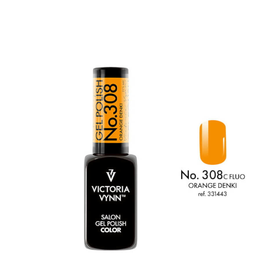 Victoria Vynn Gel Polish Color 308 Orange Denki - product and colour sample arranged on a white background