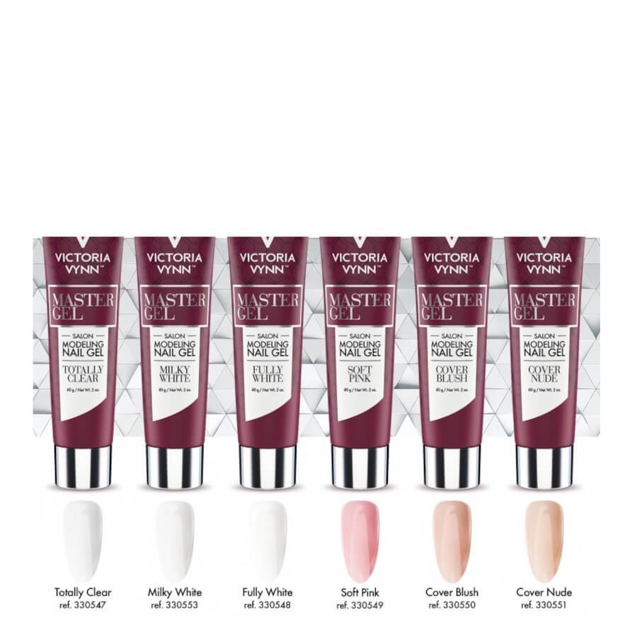 Victoria Vynn Master Gel Poly Gel 01 Totally Clear - shade swatches shown beside the product
