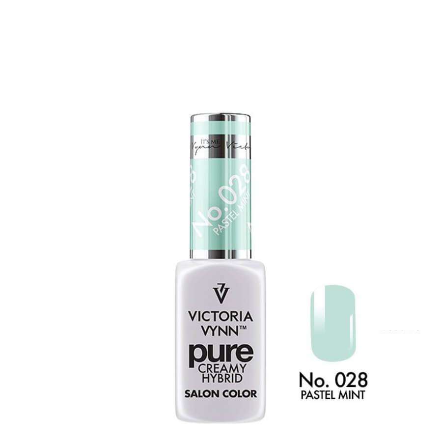 Victoria Vynn Pure Creamy Hybrid Gel 028 Pastel Mint - product and colour sample arranged on a white background