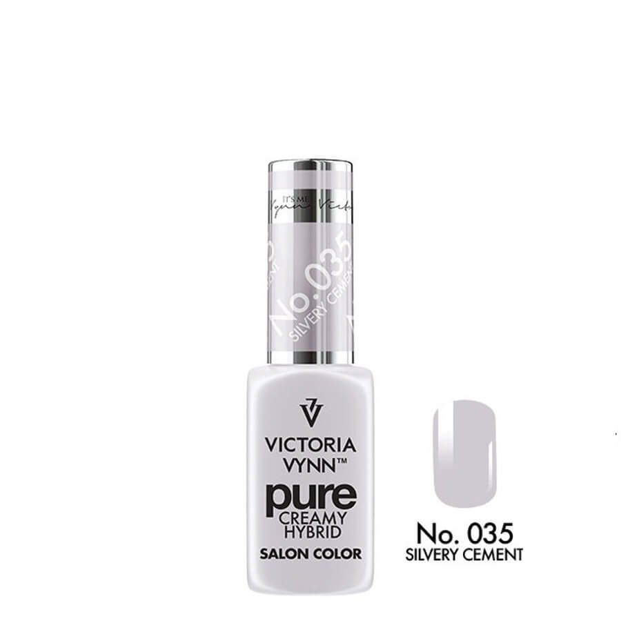 Victoria Vynn Pure Creamy Hybrid Gel 035 Silver Cement - product and colour sample arranged on a white background