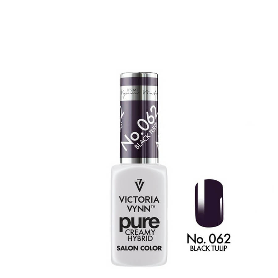 Victoria Vynn Pure Creamy Hybrid Gel 062 Black Tulip - product and colour sample arranged on a white background