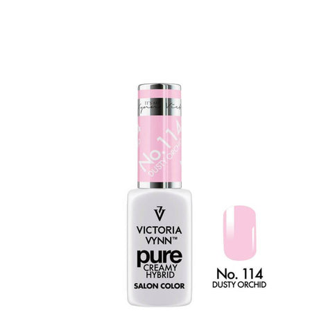 Victoria Vynn Pure Creamy Hybrid Gel 114 Dusty Orchid - product and colour sample arranged on a white background