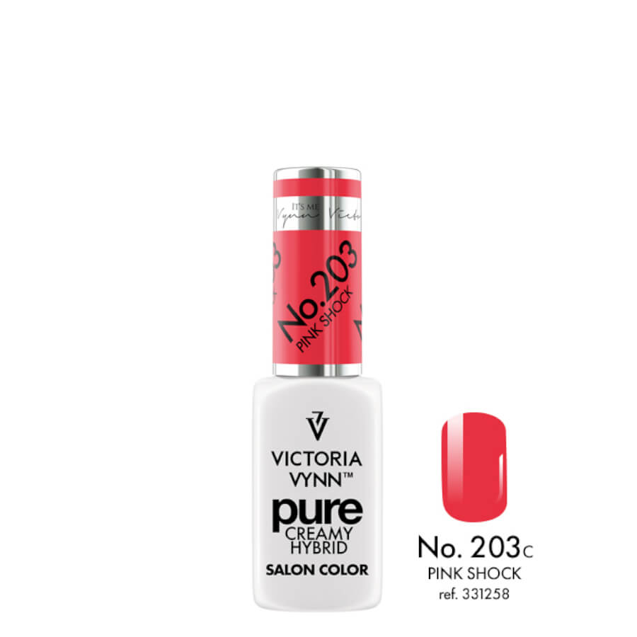 Victoria Vynn Pure Creamy Hybrid Gel 203 Pink Shock - product and colour sample arranged on a white background