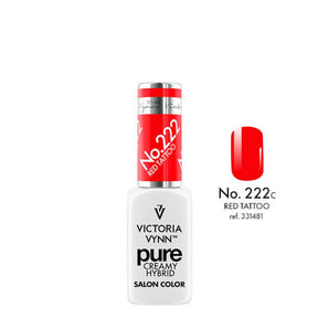 Victoria Vynn Pure Creamy Hybrid Gel 222 Red Tattoo - product and colour sample arranged on a white background