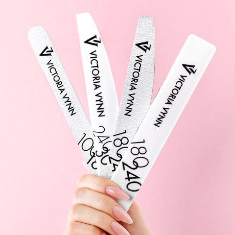 Victoria Vynn Rectangular Nail Buffer White 180/240 - shown in use