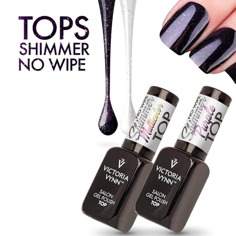 Victoria Vynn Shimmer Top No Wipe Purple - product and colour sample arranged on a white background