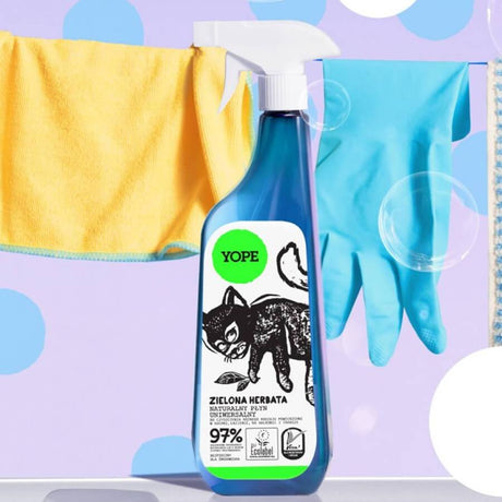 Yope Natural Universal Cleaner Green Tea - product displayed with its packaging on a dark background
