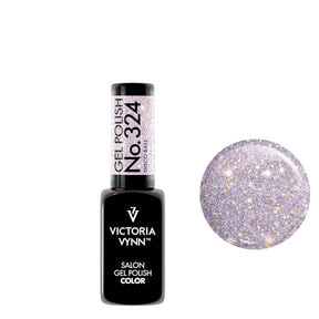 Victoria Vynn Gel Polish Color 324 Disco Ball in a sleek black bottle with a glittery pink swatch, ideal for hybrid nail care.